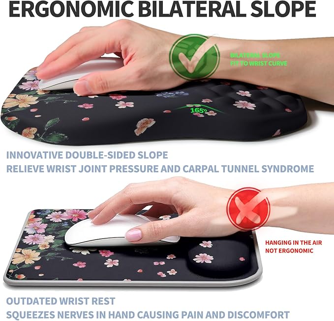 Ergonomic Raised Mouse Pad Wrist Support with Bilateral Slope Memory Foam Mousepad for Wrist Rest and Carpal Tunnel 11.8x7.9〃Flowers Bloom and Fade