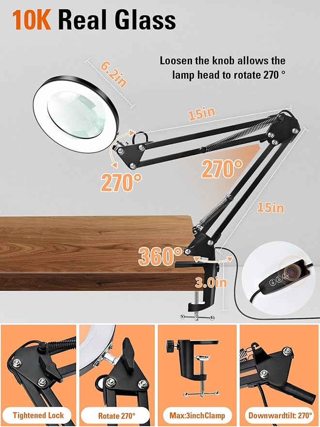 10X Magnifier Lamp with Clamp, 15" Adjustable Arm LED Desk Light with Real Glass Lens, 3 Color Modes, Bright Dimmable Lighting for Repair, Model Painting, Sewing, Reading