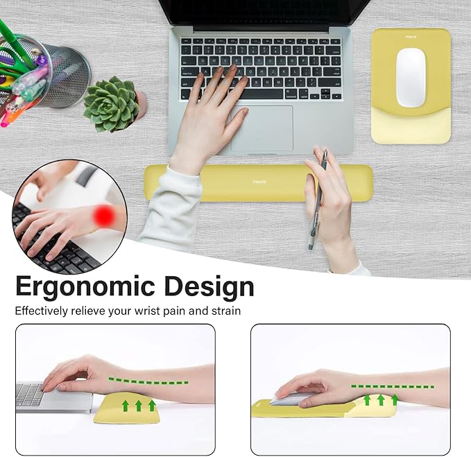 MOSISO Wrist Rest Support for Mouse Pad&Keyboard Set, Rectangular Ergonomic Mousepad Non-Slip Base Home/Office Easy Typing Pad with Neoprene Cloth&Raised Silicone Lining, Yellow