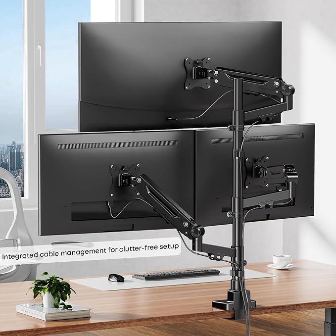 Triple Monitor Mount for up to 35-inch Screens – Heavy Duty Ultrawide Stand with Fully Adjustable, 12kg Gas Spring Arm (Each), VESA 75×75/100×100 mm, Black