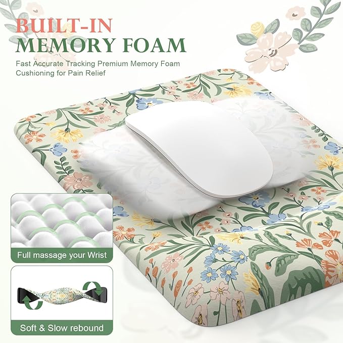 iLeadon Green Floral Desk Cover Mat, Computer Mouse Pad and Keyboard Wrist Rest, Non-Slip Base Keyboard Wrist Rest and Mouse Pad Set, Office Desk Mat Cute for Women (Light Green)