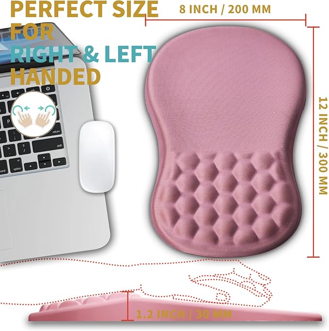 Hokafenle Ergonomic Mouse Pad Wrist Support with Massage Design, Wrist Rest Mousepad with Memory Foam&Non-Slip PU Base, Mouse Pads for Wireless Mouse & Desk (12x8 inch,Pink)