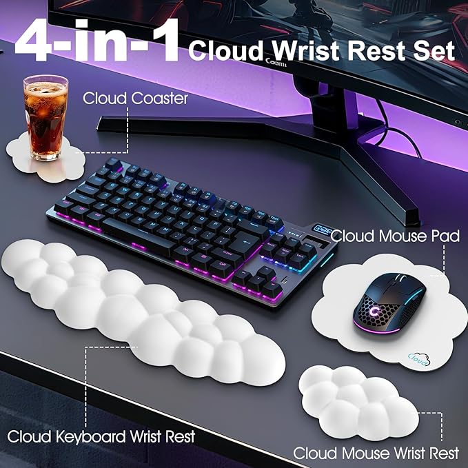 Cloud Wrist Rest Keyboard Cushion, 4-in-1 Ergonomic Cloud Keyboard Wrist Rest and Mouse Pad Set with Memory Foam Arm Support for Palm, Cute Desk Accessory for PC Gaming Setup, White