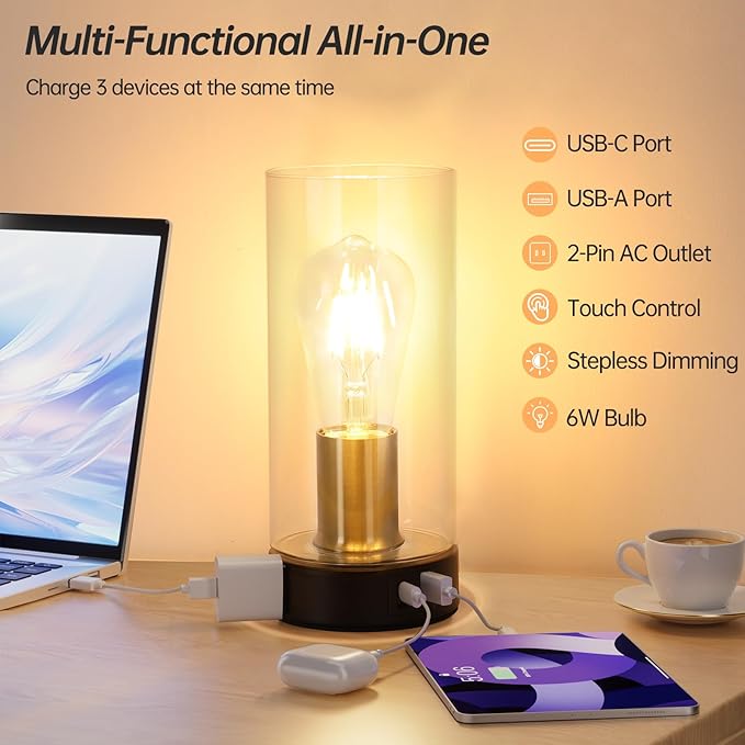 Bedside Table lamp for Bedroom -Touch Lamp with USB-A+C Charging Ports & AC Outlet. Nightstand Lamp with Black Base Glass. Stepless Dimming Small Lamp for Bedroom, Dorm, Office, Kids Room, Living Room