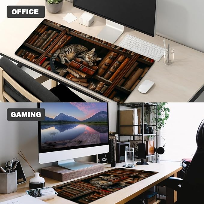 Book Gaming Mouse Pad,12x31.5in Non-Slip Rubber Adorable Cat Napping on Bookshelf Desk Mat,Large Extended Library Mousepad for Office Home Laptop,Mice Pads Gifts,Game Lover Deskmat Decor