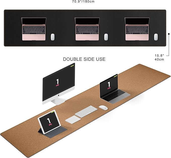 MAIDERN 70.8”x 15.7” Leather Desk Pad, Large Desk Mat, Cork & Leather Large Mouse pad for Desk, Waterproof Computer Desk Pad for Gaming Home Office (Black)