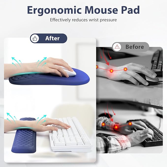 EYROZILL 3 in 1 Ergonomic Mousepad with Wrist Rest, Gaming Keyboard Mouse Pad with Wrist Support Non-Slip Base Massage Design (Blue/Black)