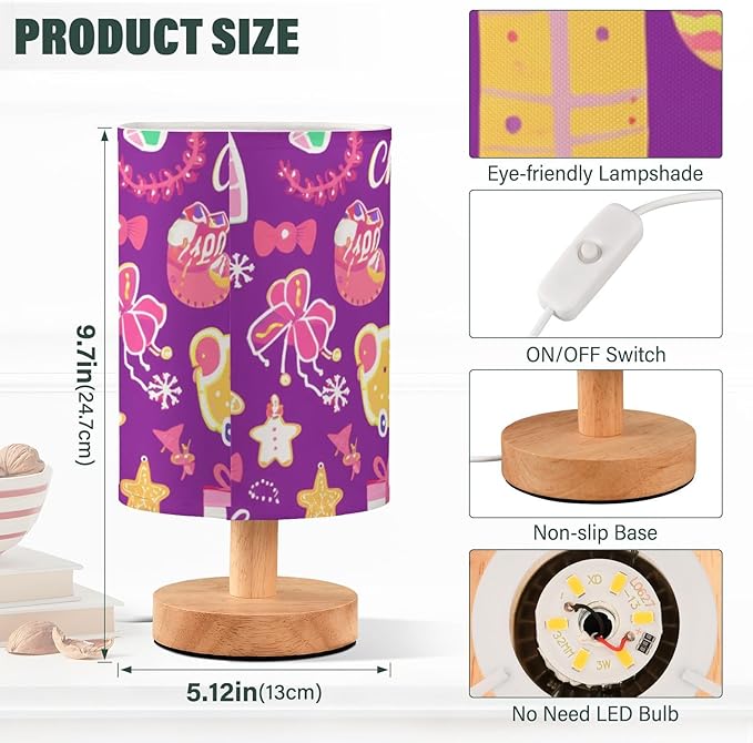 Christmas Cartoon LED Table Lamp, Bedside Lamp with Linen Lampshade, Flicker-Free Eye Care USB Plug in Nightstand Lamp, for Bedroom and Office