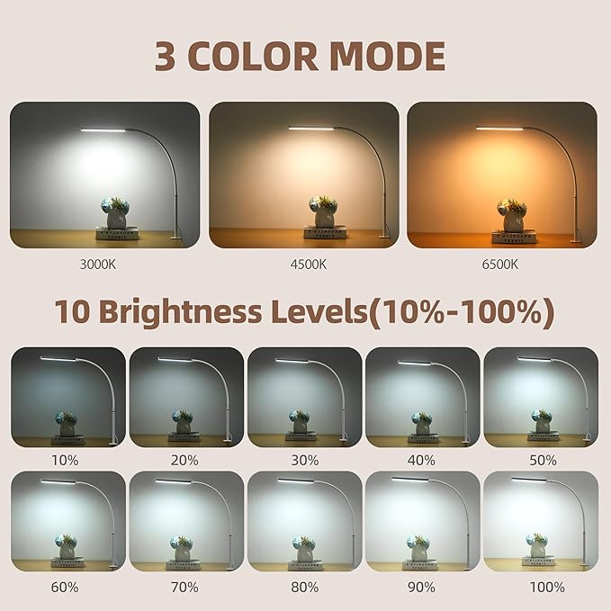 Led Desk Lamp for Home Office, Eye-Caring Desk Light with Clamp, Clip on Light for Reading, 3 Modes 10 Brightness, Flexible Goose-Neck, Memory Function, Study, Work, Draw, White