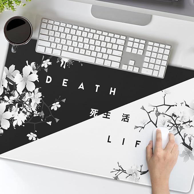 aportt Black White Cherry Blossom Mouse Pad Large Japanese Sakura Death Life Desk Mat 60x35 cm Non-Slip Rubber Base Stitched Edge Large XL Playmat for Gaming Laptop Computer PC Desktop,24x14 Inch