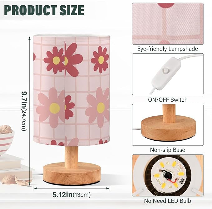 Pink Floral LED Table Lamp, Bedside Lamp with Linen Lampshade, Flicker-Free Eye Care USB Plug in Nightstand Lamp, for Bedroom and Office