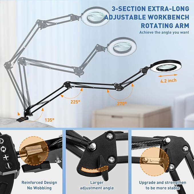 HITTI Ultra Long 12X Magnifying Glass with Light and Clamp, 5 Color Modes Steepless Dimming Desk Lamp, Swivel Arm Workbench Light, Hands Free Lighted Magnifier Stand for Craft Reading Soldering