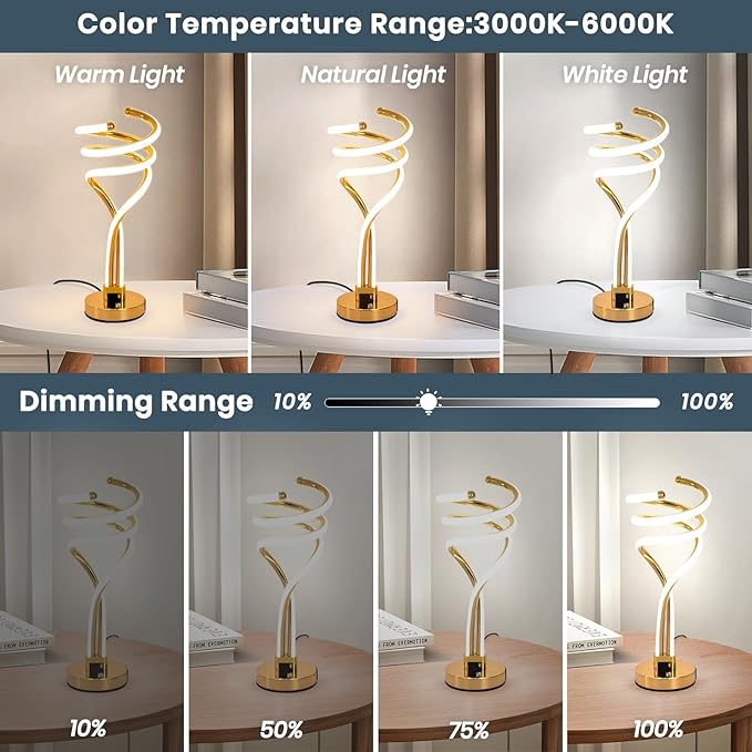 ElDISUNY Modern LED Table Lamp, 3 Color Temperatures,Touch Control CurveDimmable Bedside Table Lamps with USB Ports, Touch Control LED NightstandLamp, Desk Lamp for Living Room, Bedroom (Gold)