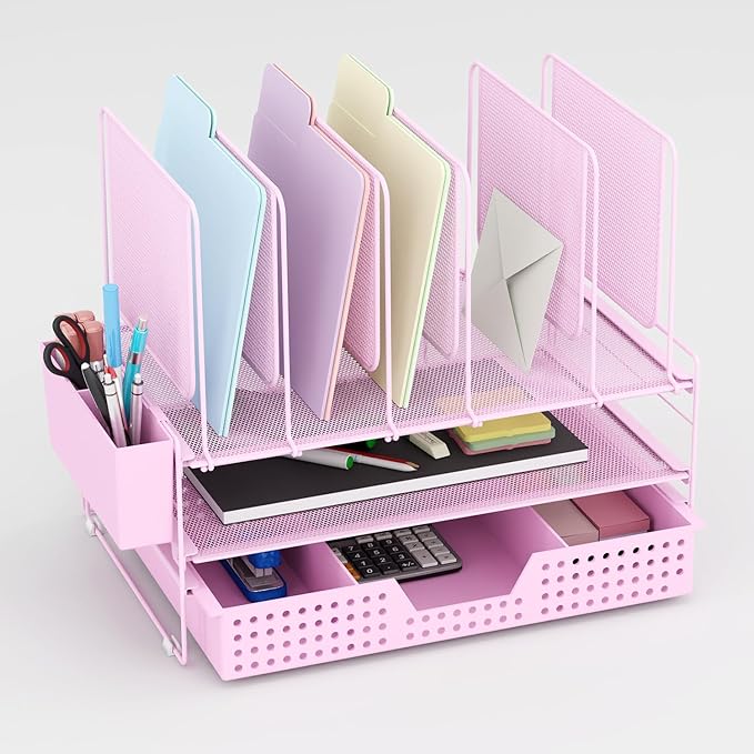 Pink Desk Organizer, Office Organization with Vertical File Holder, File Organizer with Drawer and Pen Holder, Desk Accessories and Workspace Organizers for Home Office (Pink)