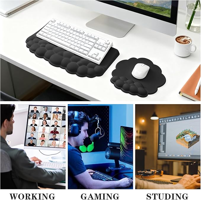 Computer Keyboard Stand with Wrist Rest, Ergonomic Tilted Keyboard Holder - Keyboard Riser with Wrist Pad - Keyboard Tray Support for Office Home -Cloud Set Black