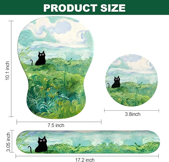 Ergonomic Mouse Pad with Wrist Rest and Keyboard Wrist Rest, Gel Mousepad and Wrist Rest for Computer Keyboard, Non-Slip PU Base, Mouse Pad with Wrist Support for Gaming, Office, Cat