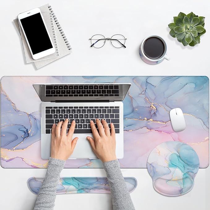Arttown Pink Blue Desk Mat Marble Mouse Pad Set 4 in 1 Purple Gold Gradient Ergonomic Design Large Desk Pad + Keyboard Wrist Rest + Mouse Wrist Rest + Coaster Suitable for Home Office Study Game