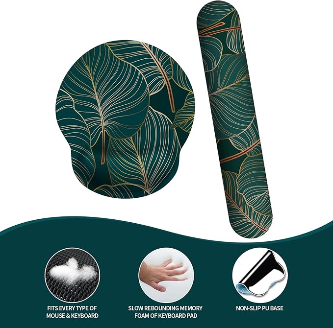 eulps Mouse Pad Wrist Support, Ergonomic Memory Foam Keyboard Wrist Pad & Gel Wrist Rest Set for Computer Keyboard for Easy Typing for Office & Home (Tropical Plants Set)