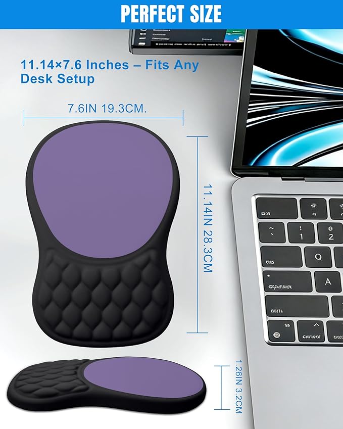 Ergonomic Mouse Pad with Wrist Rest, Slope Design Memory Foam Support, Smooth Lycra Surface, Non-Slip PU Base, Comfortable Mouse Mat for Office, Home, Computer Desk (Black&Purple)