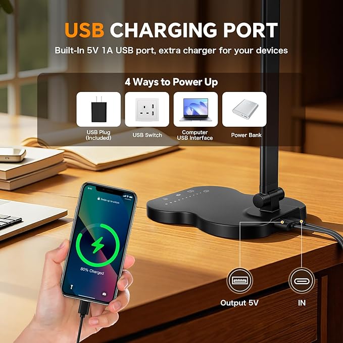 Desk Lamps for Home Office, Dimmable LED Desk Lamp, 5 Color Modes, 10 Brightness, Touch Desk Light with USB Charging Port for Nail Craft Puzzle Sewing Study - Black
