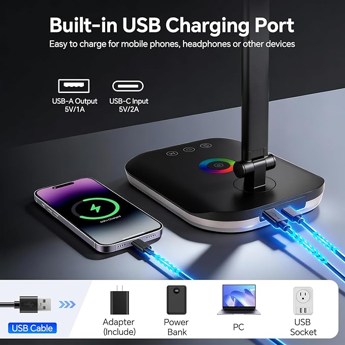 LED Desk Lamp for Office Home, 800 Lumen Bright Puzzle Light, 10%-100% Dimmable Brightness & 5 Color, Eye Caring Desk Light for Reading, Craft, Puzzl, Daily Use | USB desk lamp | 45 Min Timer | RGB