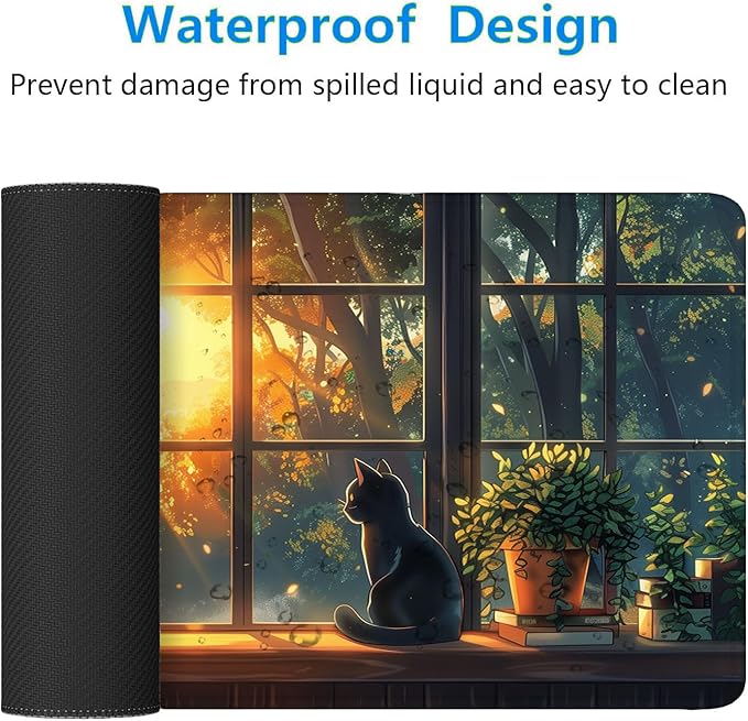 Cute Black Cat Desk Pad Mouse Pad Green Plants Aesthetic Kawaii Anime Mousepad XL Large Gaming Mouse Pad Laptop Keyboard Mat Desk Pad Office Home Decor for Women Girl 31.5"x11.8"