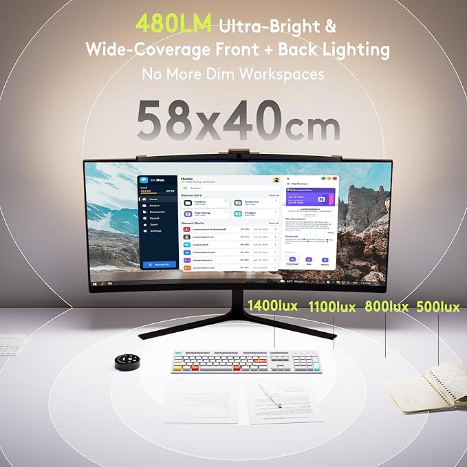 Quntis 1000R Curved Monitor Light Bar, Dual Adjustable Led Desk Lamp with Remote - Independently Rotate 2 LED Arc-Shaped Light Bars Specially Designed for Curved and 34'' Large Screen
