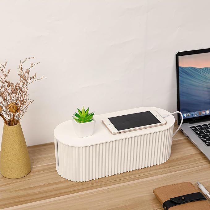 FABROK Cable Management Box with 10 Cable Ties, Cable Organizer Box for Power Strips, Surge Protectors, Chargers, Adapters, TV Computer Wires Cable Hider Organizer Box for Home/Office (Large/White)