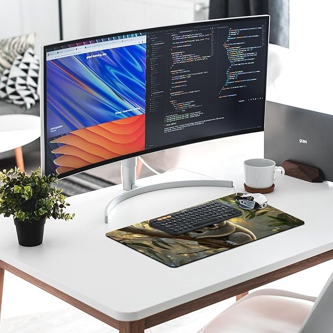 Large Ergonomic Gaming Mouse Pad Baby Koala on Eucalyptus Branch - Adorable Wildlife Theme with Non-Slip Base Water-Resistant Surface and Stitched Edges 30x60cm