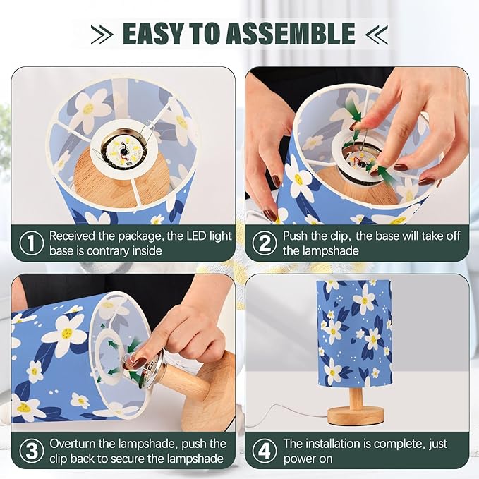 Blue Floral LED Table Lamp, Bedside Lamp with Linen Lampshade, Flicker-Free Eye Care USB Plug in Nightstand Lamp, for Bedroom and Office