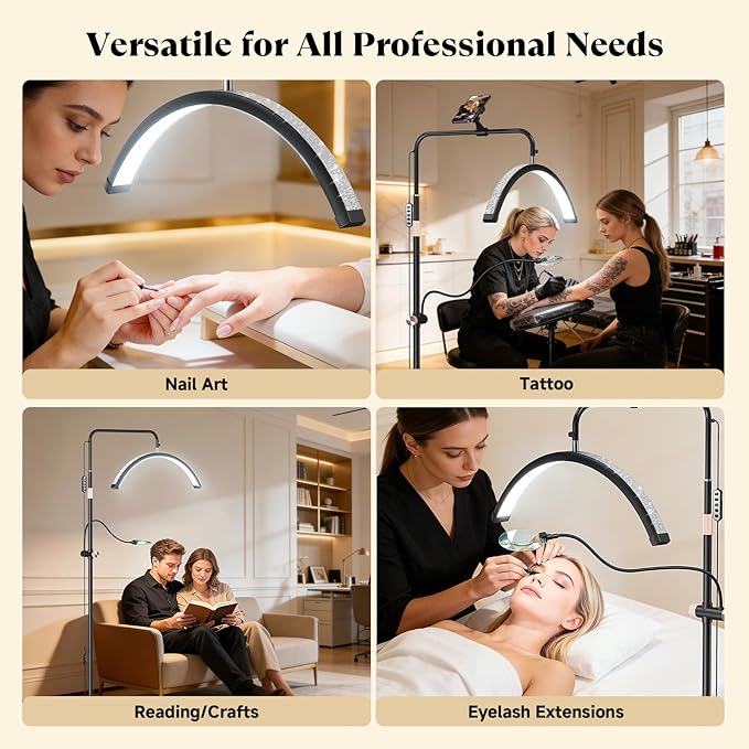 Half Moon Lash Light - Bling Diamond Lash Lamp with 4X Magnifier & Phone Holder, Adjustable Floor Lamp for Eyelash Extensions, Nail Art, Tattoo, Skincare, Dimmable Brightness, Rotating Head, Black