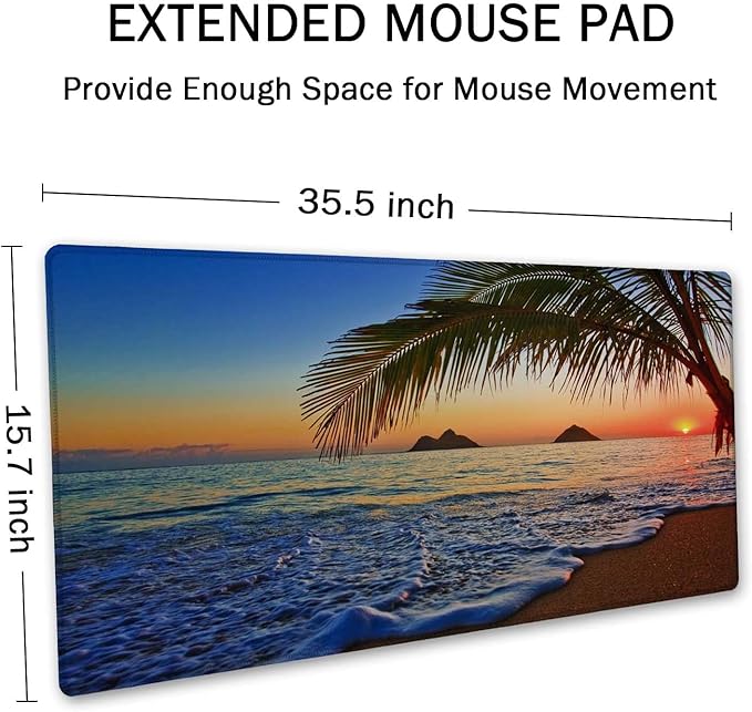 SSOIU Extended Gaming Mouse Pad - Non-Slip Water-Resistant Rubber Base Computer Keyboard Mouse Mat, 35.5 x 15.7-inch XX-Large Desk Mat, Ideal Partner for Work & Game, Pacific Sunrise at Lanikai Beach