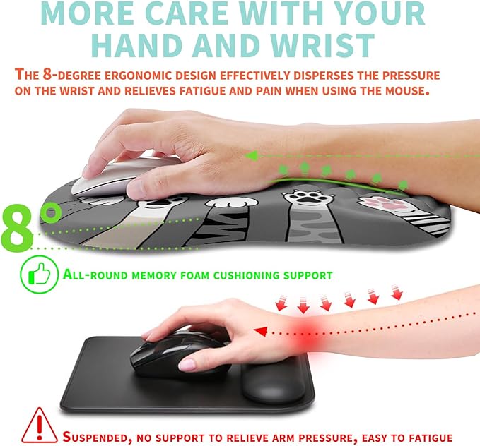 Ergonomic Mouse Pad Wrist Support with Memory Foam Massage Bulge, Carpal Tunnel Mousepad Wrist Rest for Mouse(12x8 inch, Paw)