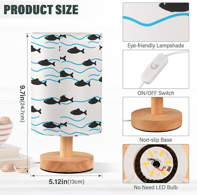 Fish LED Table Lamp, Bedside Lamp with Linen Lampshade, Flicker-Free Eye Care USB Plug in Nightstand Lamp, for Bedroom and Office