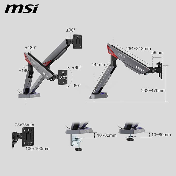MSI MPG MT161DR - Premium RGB Dual Monitor Stand Arms, 17-38" Support, VESA Compatible, Adjustable Spring Assisted Mount, 35.2 lbs per Screen Capacity, Clamp & Grommet, Quick Release Plate - Black