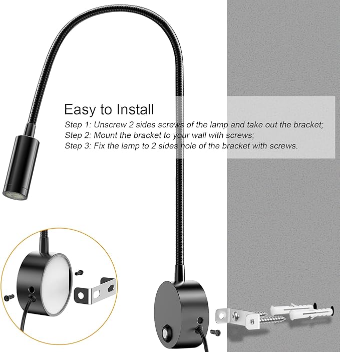 ERAY Plug-in LED Wall Mount Reading Light with 15" Flexible Gooseneck & USB Charging Port Dimmable Focused Bedside Reading Lights Black-1 Pack