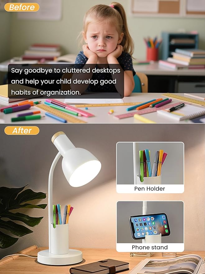LED Desk Lamp for Home Office, Table Lamp with Pen Holder, 3 Color Modes Reading Light, Eye-Caring Desk Light with Gooseneck, Study Lamp for Kids Bedside Room College Dorm Essentials(White lamp)