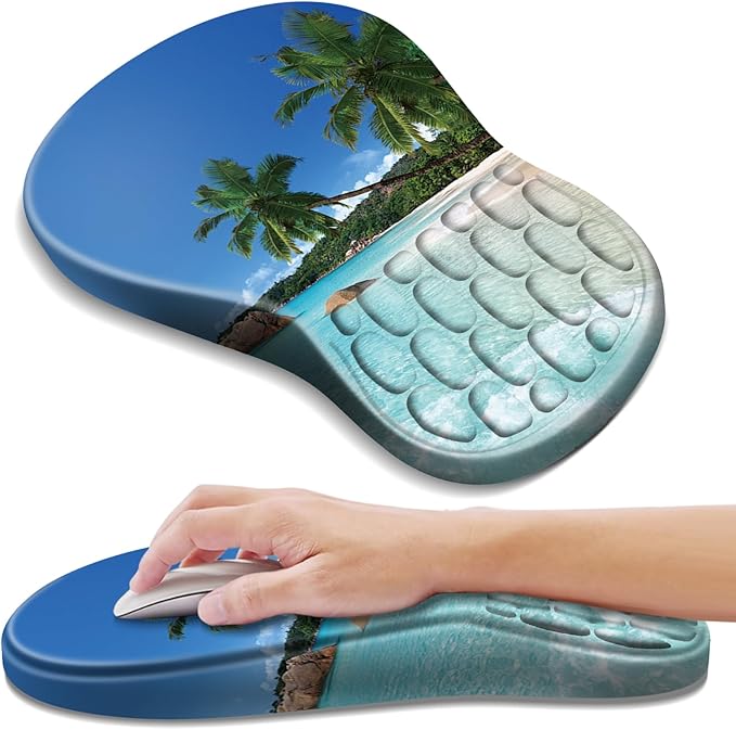 YIWEI Ergonomic Mouse Pad with Wrist Rest - Comfortable Office Mousepad with Memory Foam Wrist Support for Carpal Tunnel Relief, Mouse Pads with Non-Slip Base for Gaming and Home (Beach)