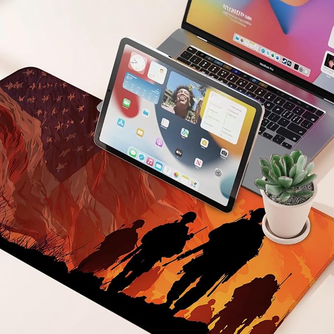 Desk Mat, XXL Extended Gaming Pad for Desktop, 31x12 Inches Patriotic Soldier Silhouette with Flag, Large Non-Slip Vegan Leather Keyboard Mouse Mat for Home Office