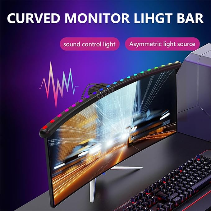 Bewinner Curved RGB Monitor Light Bar, 2-in-1 Double Light Source with Music Rhythm & Timer, EyeCaring NonGlare Desk Lamp for Computer Monitor, Touch Control & Stepless Dimming