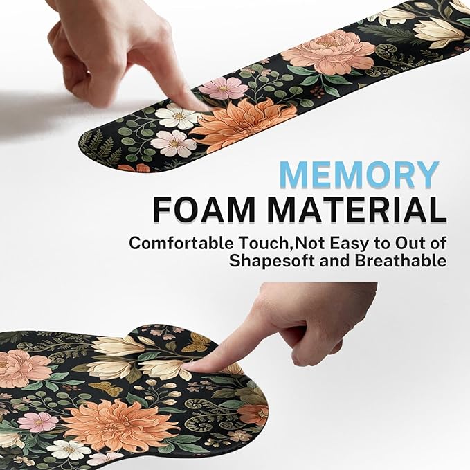 Britimes Spring Flower Leaves Floral Colorful Ergonomic Mouse Pad Set with Wrist Rest Non-Slip Rubber Base Wrist Cushion Support and Coasters Mousepad with Wrist Support for Computer Keyboard and Desk