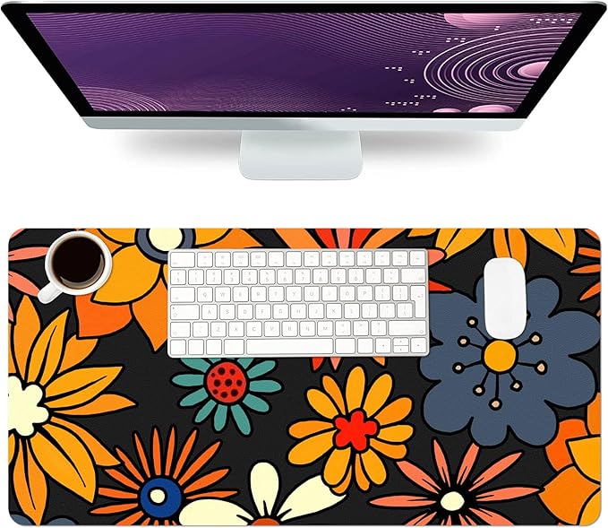 Desk Mat Large Protector Pad 27.5" ×13.8", Non-Slip PU Leather Desk Blotter, Waterproof Mouse Pad for Office Home Retro Flower