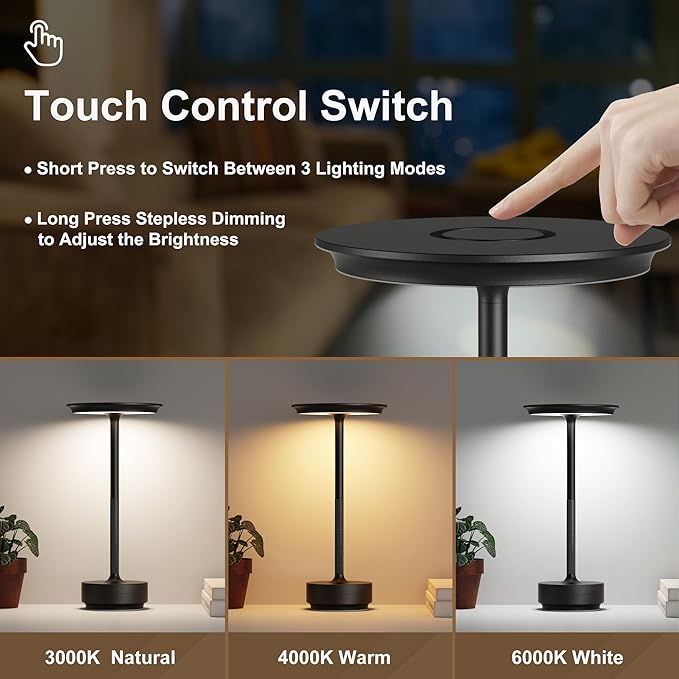 Rechargeable Cordless Table Lamp, LED Portable 5000mAh Touch Table Light, 3 Color Stepless Dimming Battery Powered Table Lamp for Restaurant/Home/Outdoor/Camping.(Black)