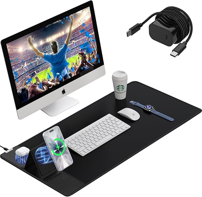 Wireless Charging Mouse Pad with Foldable Phone Holder, 15W Magnetic Fast Charging for iPhone Samsung, 31.5"x15.75" Large Desk Mat for Laptop/Keyboard, Waterproof Gaming Mousepad with Non-Slip Base