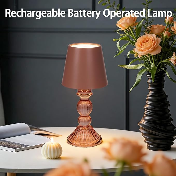 MJ PREMIER Cordless Table Lamp, Small Rechargeable Lamp with Touch Control, 9.5" H, 3 Color Stepless Dimming Battery Operated Lamps for Bedroom/Living Room/Bathroom/Kitchen/Corner/Entryway (Pink)