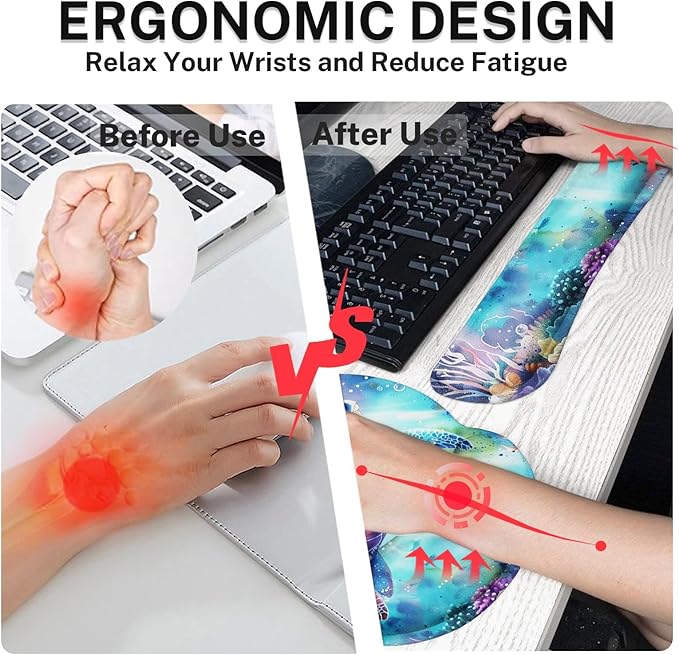 Arttown Sea Turtle Coral Reef Desk Mat Sea World Mouse Pad Set 4 in 1 Animal Ergonomic Design Large Desk Pad + Keyboard Wrist Rest + Mouse Wrist Rest + Coaster Suitable for Home Office Study Game
