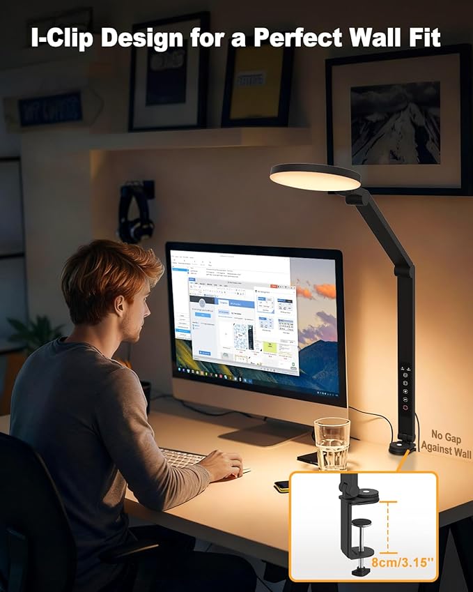 Desk Lamp, 16W LED Desk Light with Clamp & Adjustable Arm for Home Office Video Calls, Touch Control Eye-Care Light for Reading with 5 Color Temps (1700K-6000K) & 10 Brightness, Timer 0.5H/1H