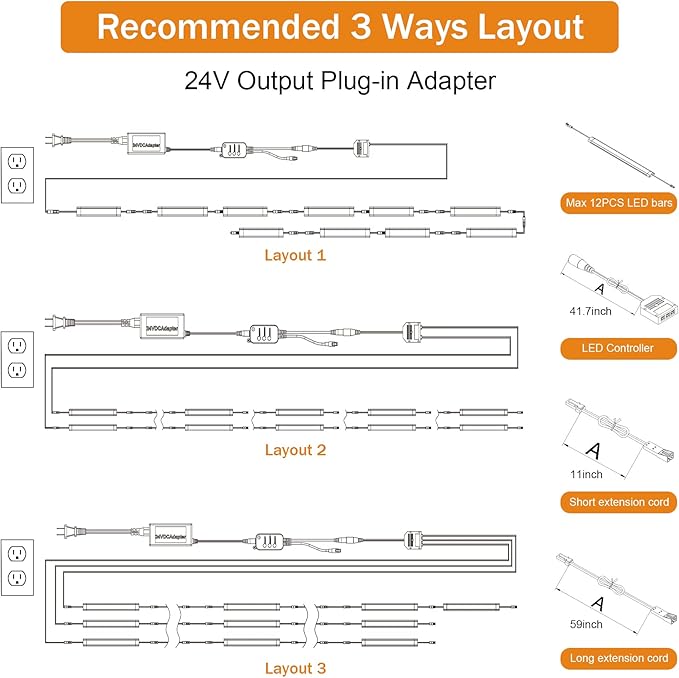 Under Cabinet Lights Kit, LED Smart Dimmable Strip Lighting Fixtures, 24V Plug in Linkable Bar LED Counter Lights for Pantry, Kitchen, Shelf, Bookcases, Showcase (10 PCS, Cold White)
