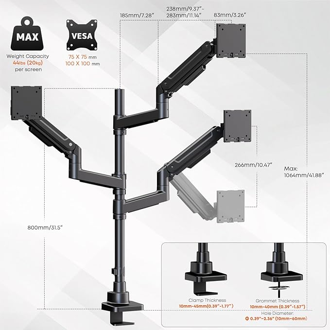 Triple Monitor Mount for up to 49-inch Screens - Heavy Duty Triple Monitor Arm Desk Mount for Ultrawide Monitors Max Load 44lbs per Screen, VESA 75x75 / 100x100 mm, Black