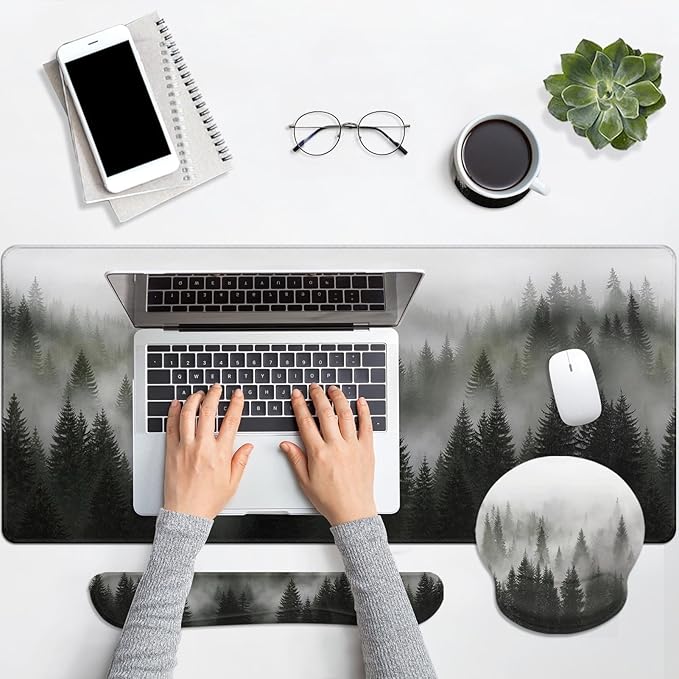 Arttown Misty Desk Mat Forest Mouse Pad Set 4 in 1 Tree Foggy Ergonomic Design Large Desk Pad + Keyboard Wrist Rest + Mouse Wrist Rest + Coaster Suitable for Home Office Study Game